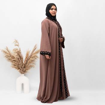 A-Line Front Open Patch Work Abaya in Brown Color With Hijab 4