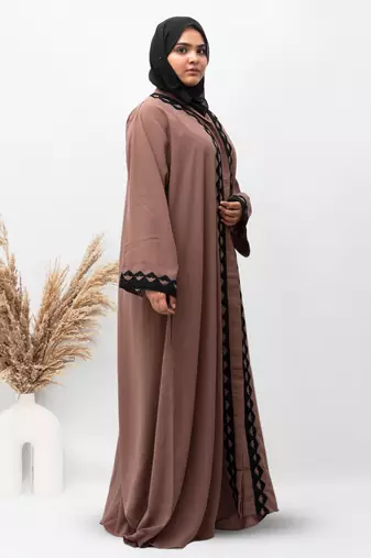 A-Line Front Open Patch Work Abaya in Brown Color With Hijab