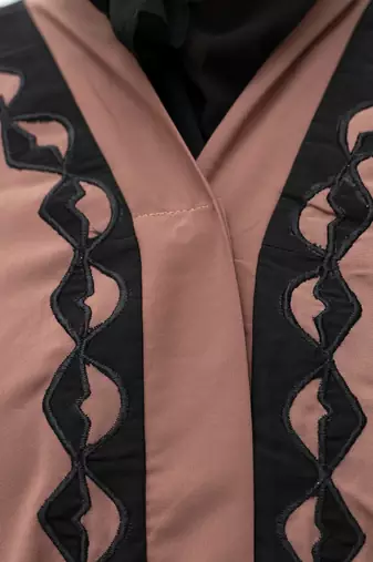 A-Line Front Open Patch Work Abaya in Brown Color With Hijab