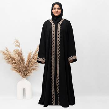 A-Line Front Open Patch Work Abaya in Black Color With Hijab 1