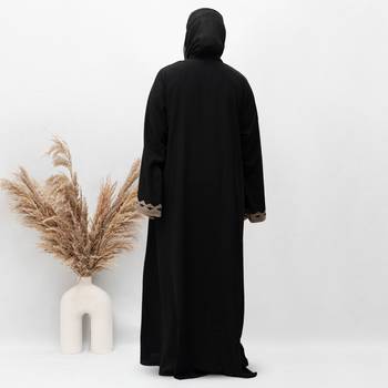 A-Line Front Open Patch Work Abaya in Black Color With Hijab 2