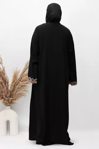A-Line Front Open Patch Work Abaya in Black Color With Hijab