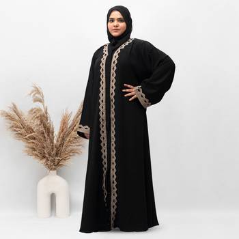A-Line Front Open Patch Work Abaya in Black Color With Hijab 3