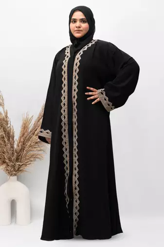 A-Line Front Open Patch Work Abaya in Black Color With Hijab