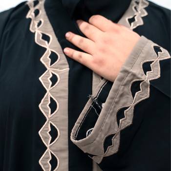 A-Line Front Open Patch Work Abaya in Black Color With Hijab 4