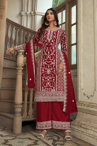 Cherry red net embroidery salwar suit