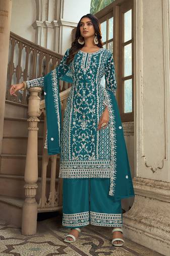 Teal net embroidery salwar suit
