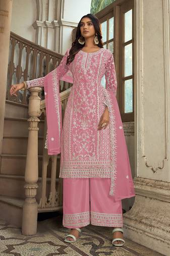 Baby pink net embroidery salwar suit