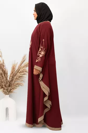 3 Boota Embroidery Kaftan Abaya in Maroon Color With Hijab