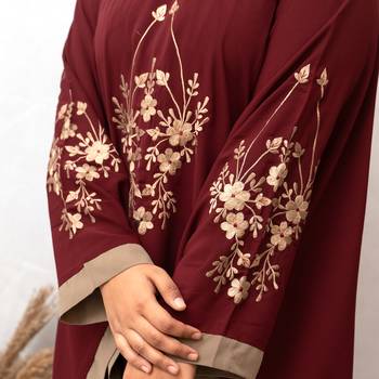 3 Boota Embroidery Kaftan Abaya in Maroon Color With Hijab 4