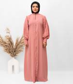 Front Open Zip Pintuck Sleeves Abaya in Pink Color With Hijab