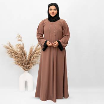 A-line Simple 8 Button Abaya in Brown Color With Hijab 1