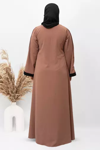 A-line Simple 8 Button Abaya in Brown Color With Hijab