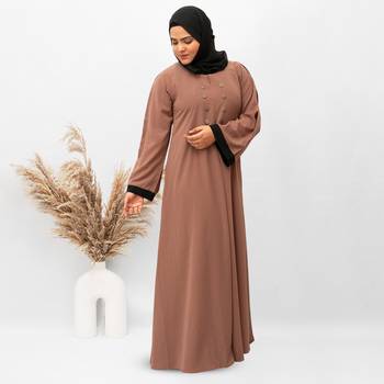 A-line Simple 8 Button Abaya in Brown Color With Hijab 3
