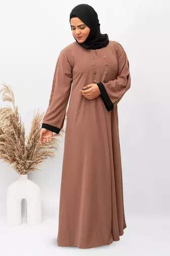 A-line Simple 8 Button Abaya in Brown Color With Hijab
