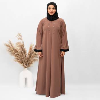 A-line Simple 8 Button Abaya in Brown Color With Hijab 4