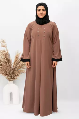 A-line Simple 8 Button Abaya in Brown Color With Hijab