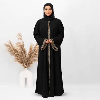 Front Open Patti & Cuff Embroidery Abaya in Black Color With Hijab 1