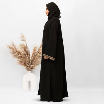 Front Open Patti & Cuff Embroidery Abaya in Black Color With Hijab 2