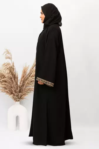 Front Open Patti & Cuff Embroidery Abaya in Black Color With Hijab