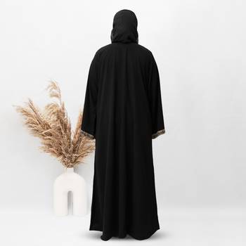 Front Open Patti & Cuff Embroidery Abaya in Black Color With Hijab 3
