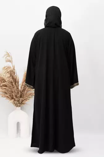 Front Open Patti & Cuff Embroidery Abaya in Black Color With Hijab