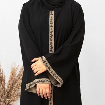 Front Open Patti & Cuff Embroidery Abaya in Black Color With Hijab 4