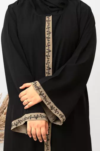 Front Open Patti & Cuff Embroidery Abaya in Black Color With Hijab