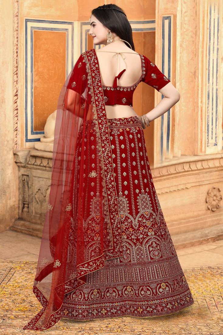 Red Embroidered Velvet Semi Stitched Wedding Lehenga