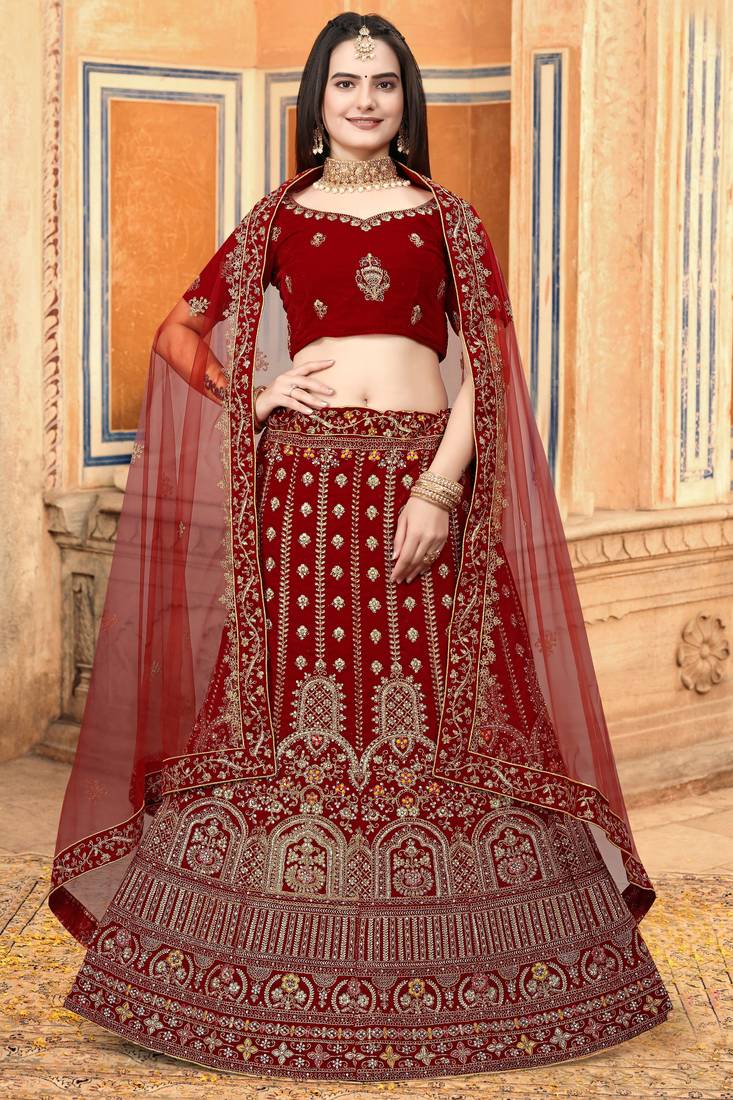 Red Embroidered Velvet Semi Stitched Wedding Lehenga