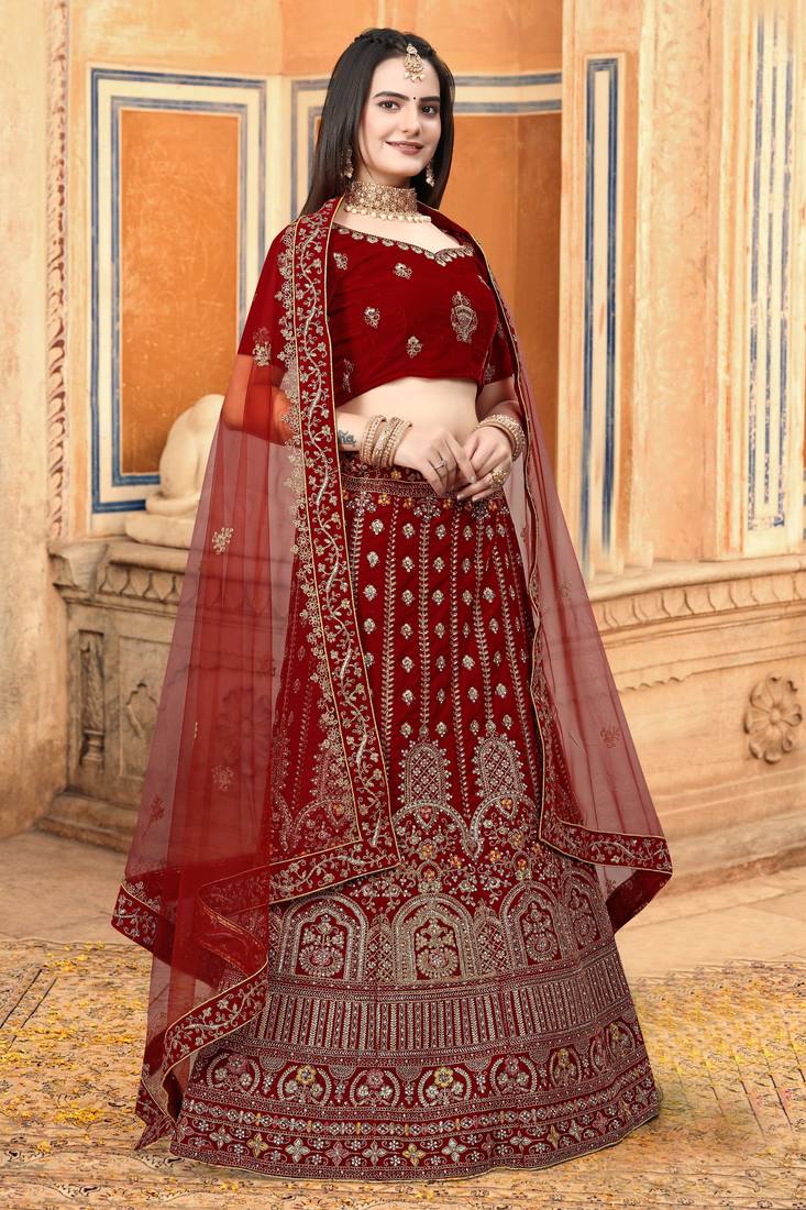 Red Embroidered Velvet Semi Stitched Wedding Lehenga