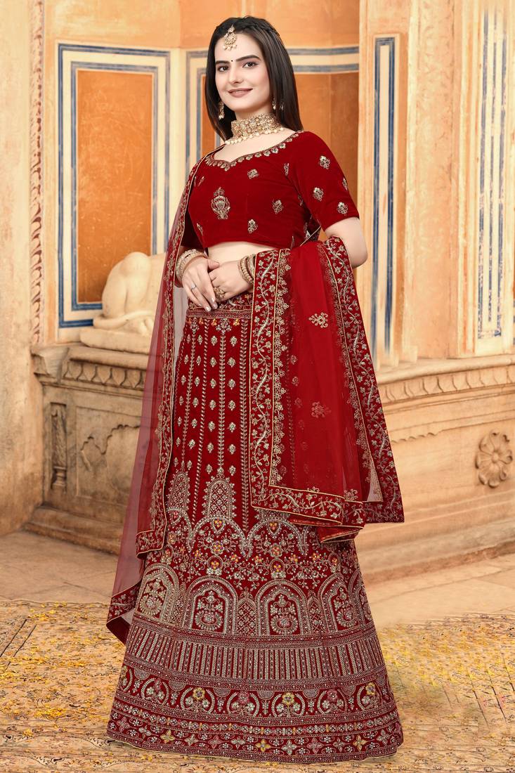 Red Embroidered Velvet Semi Stitched Wedding Lehenga