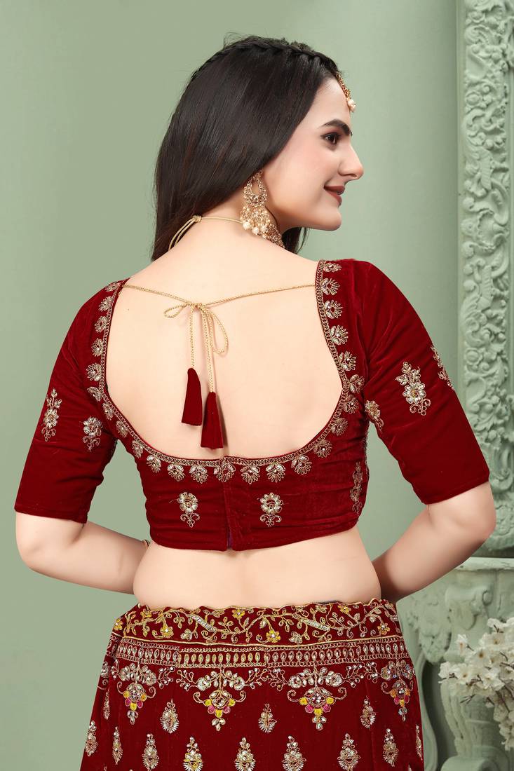 Red Embroidered Velvet Semi Stitched Wedding Lehenga