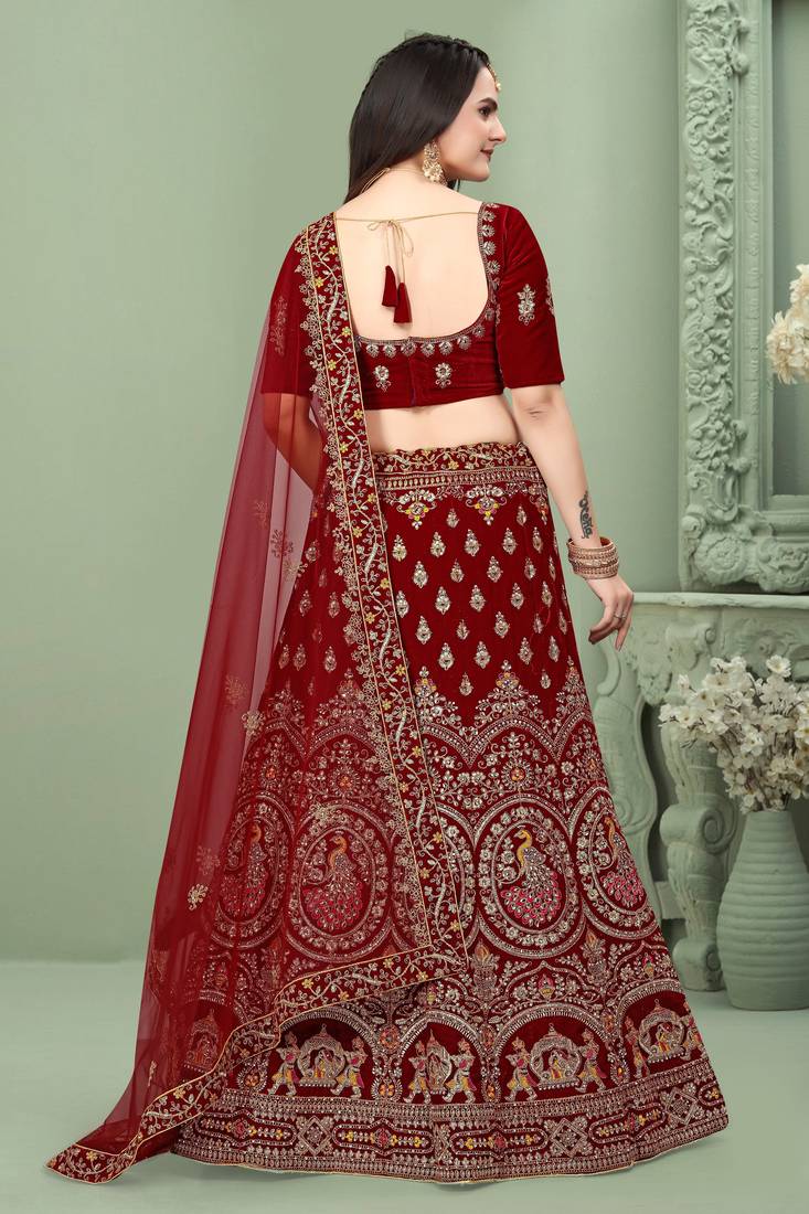 Red Embroidered Velvet Semi Stitched Wedding Lehenga