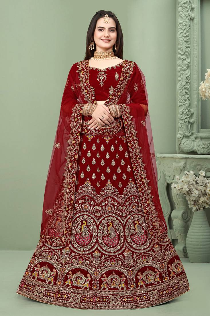Red Embroidered Velvet Semi Stitched Wedding Lehenga