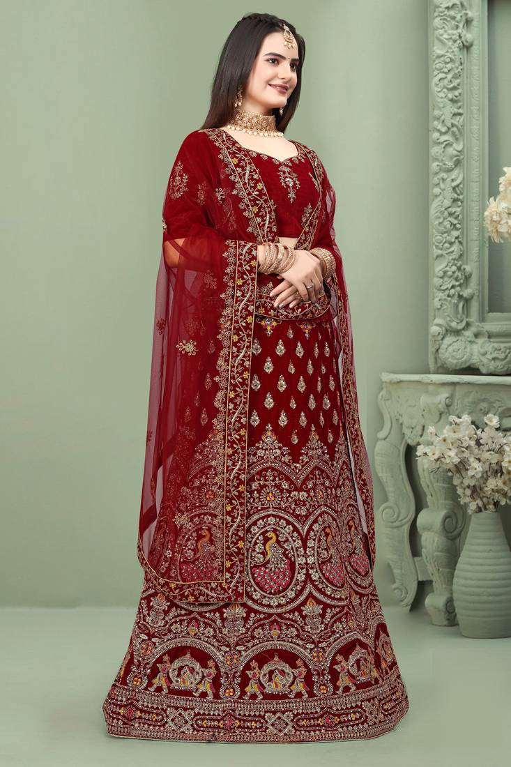 Red Embroidered Velvet Semi Stitched Wedding Lehenga