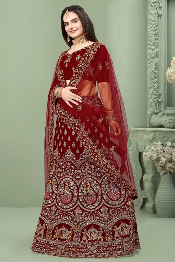 Red Embroidered Velvet Semi Stitched Wedding Lehenga