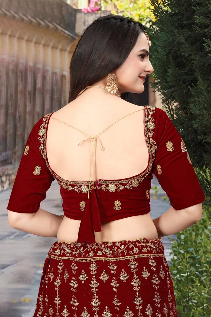 Red Embroidered Velvet Semi Stitched Lehenga