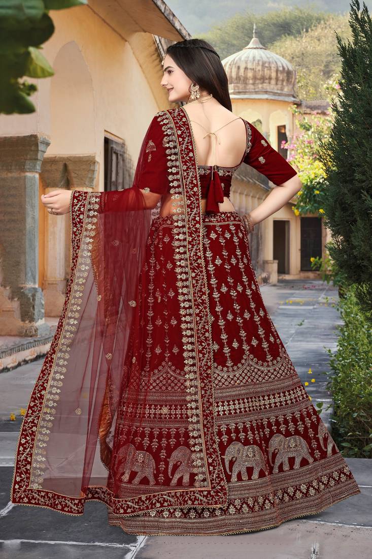 Red Embroidered Velvet Semi Stitched Lehenga