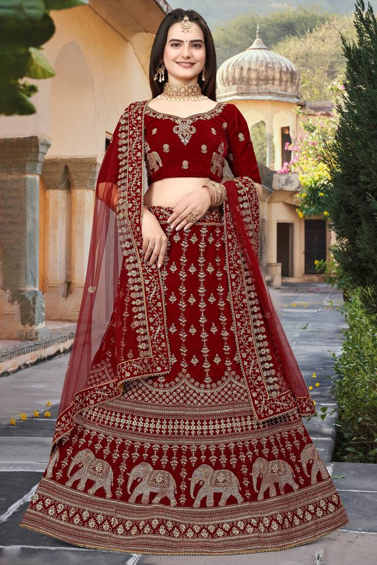 Red Embroidered Velvet Semi Stitched Lehenga
