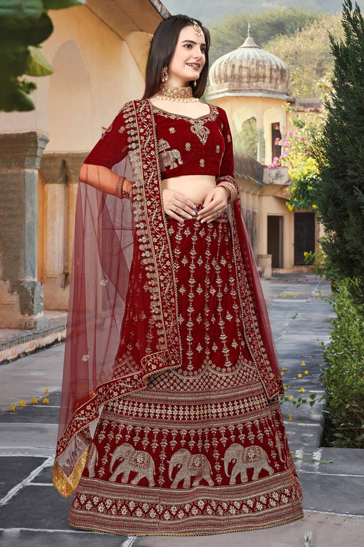 Red Embroidered Velvet Semi Stitched Lehenga