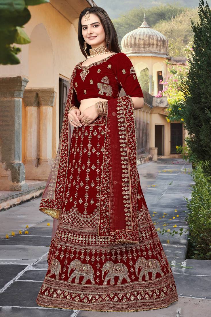 Red Embroidered Velvet Semi Stitched Lehenga