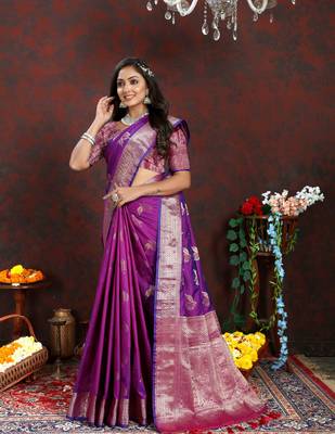 Purple Silk Blend Zari Weawing Design And RIch Zari Weawing Pallu Saree With Blouse For Women  1