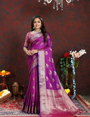 Purple Silk Blend Zari Weawing Design And RIch Zari Weawing Pallu Saree With Blouse For Women  2