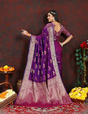 Purple Silk Blend Zari Weawing Design And RIch Zari Weawing Pallu Saree With Blouse For Women  3
