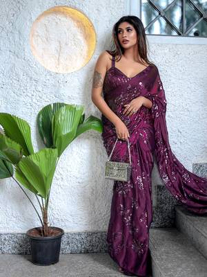 Wine color sequence silk designer saree with  silk sequence blouse 2
