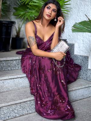 Wine color sequence silk designer saree with  silk sequence blouse 4