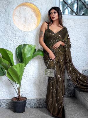 Mehendi Color Sequence Silk Designer Saree With  Silk Sequence Blouse 2