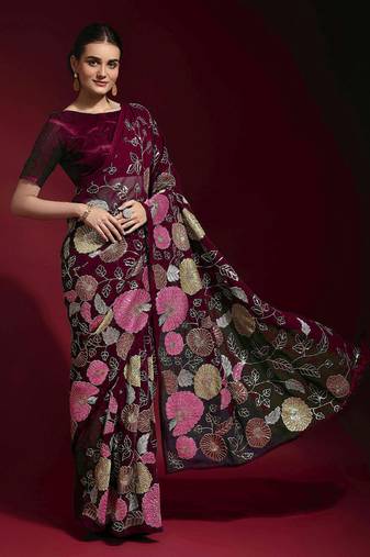 Maroon color sequence georgette designer saree with art silk blouse