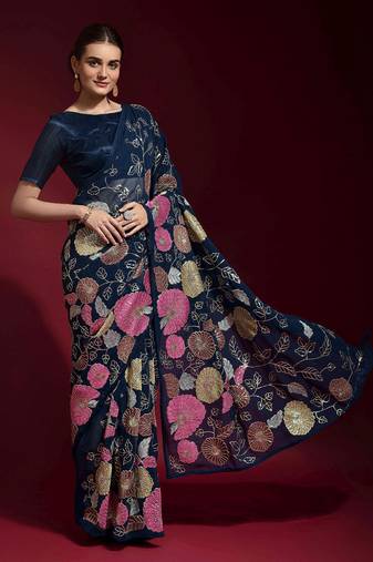Navy blue color sequence georgette designer saree with art silk blouse